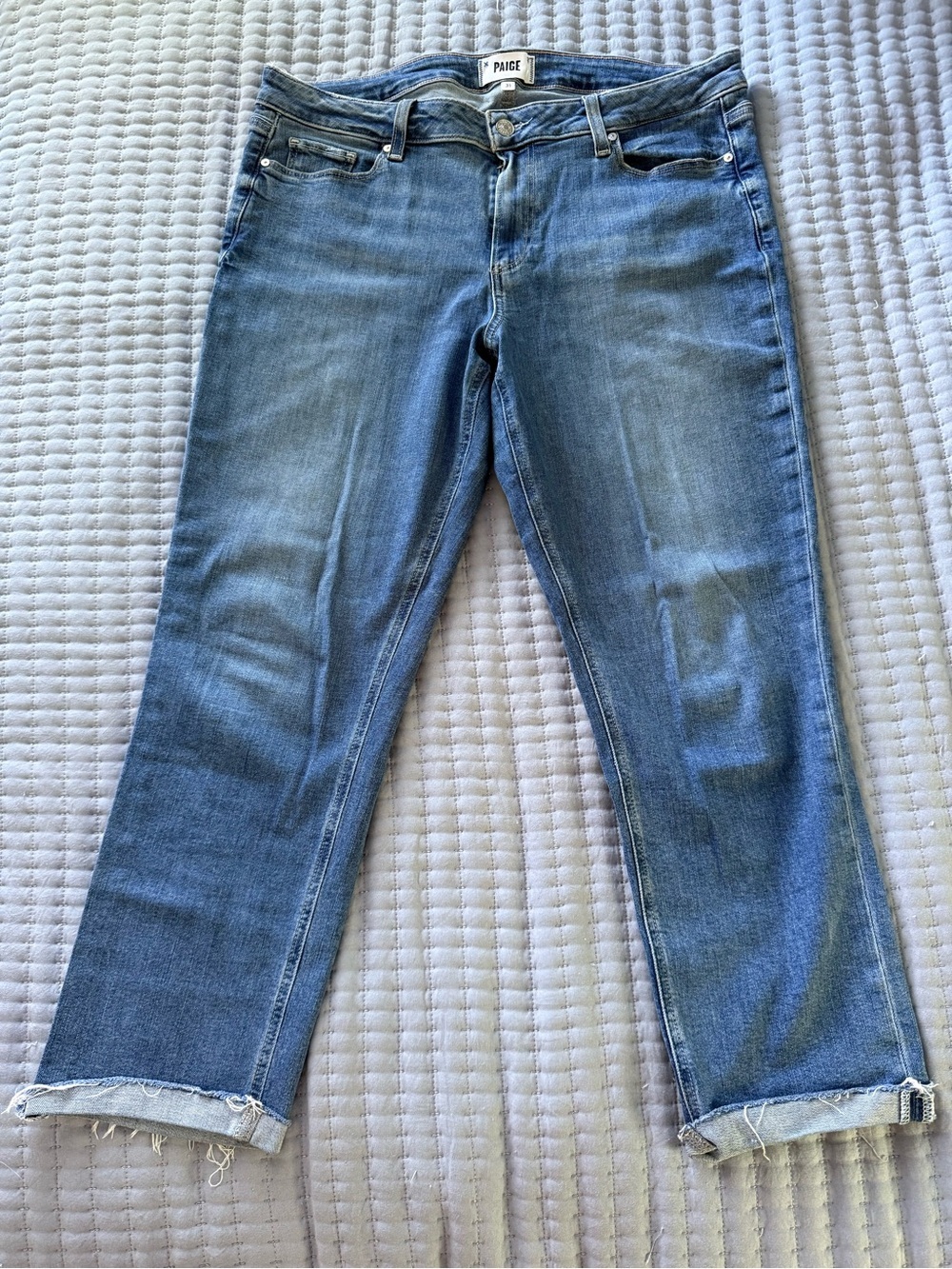 PAIGE Straight Leg Jeans | Size 31 | Medium Blue | Raw Hem | Excellent Condition